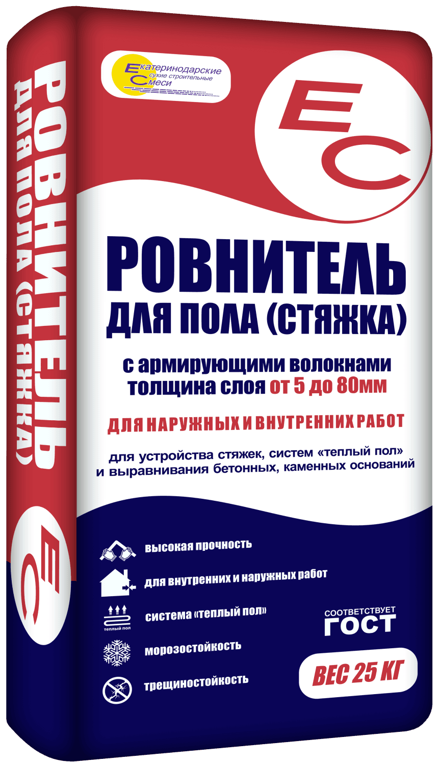 Ровнитель для пола (стяжка) EC с армирующими волокнами, слой 5–80 мм, 25 кг