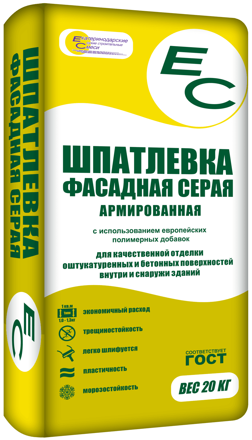 Шпаклёвка фасадная серая EC армированная, для стен и бетона снаружи и внутри, 20 кг