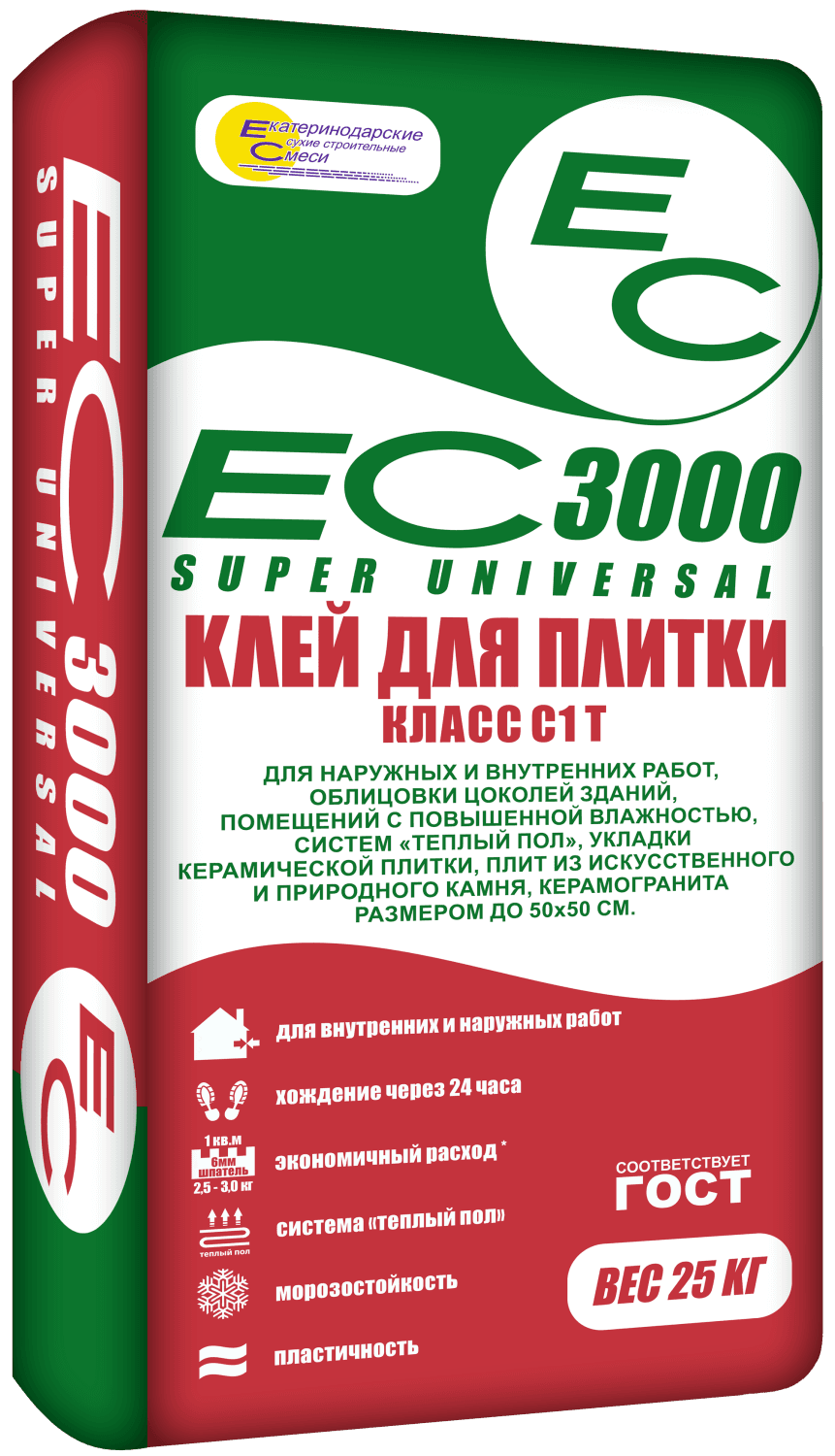 Клей морозостойкий для керамогранита и камня ЕС 3000 Super Universal, класс C1 T, 5 кг