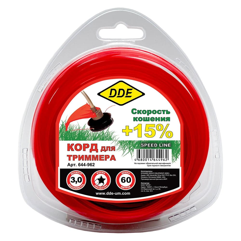 Корд триммерный DDE Speed line 3 мм × 60 м красный