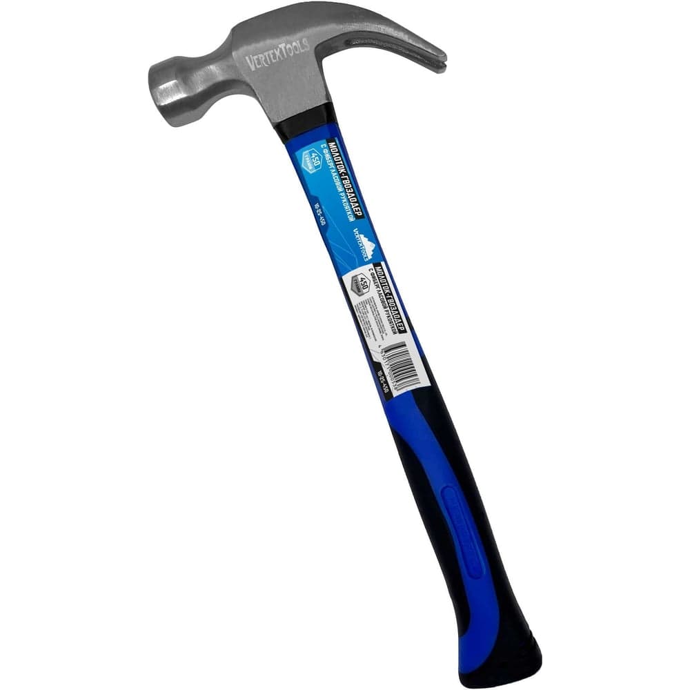 Молоток-гвоздодёр VERTEXTOOLS 450 г, фибергласовая обрезиненная рукоятка