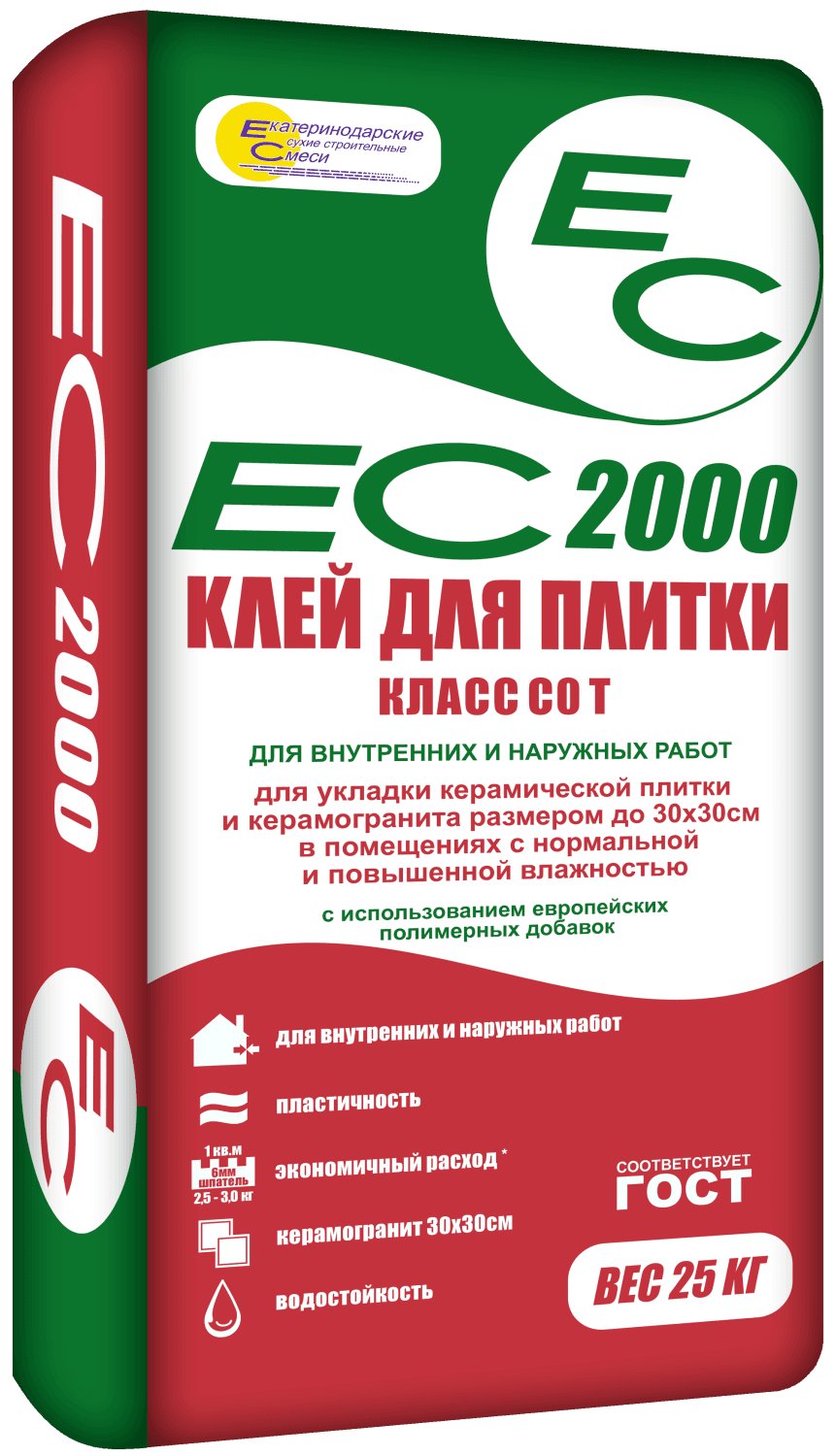 Клей для плитки и керамогранита ЕС 2000 для внутренних и наружных работ, 25 кг